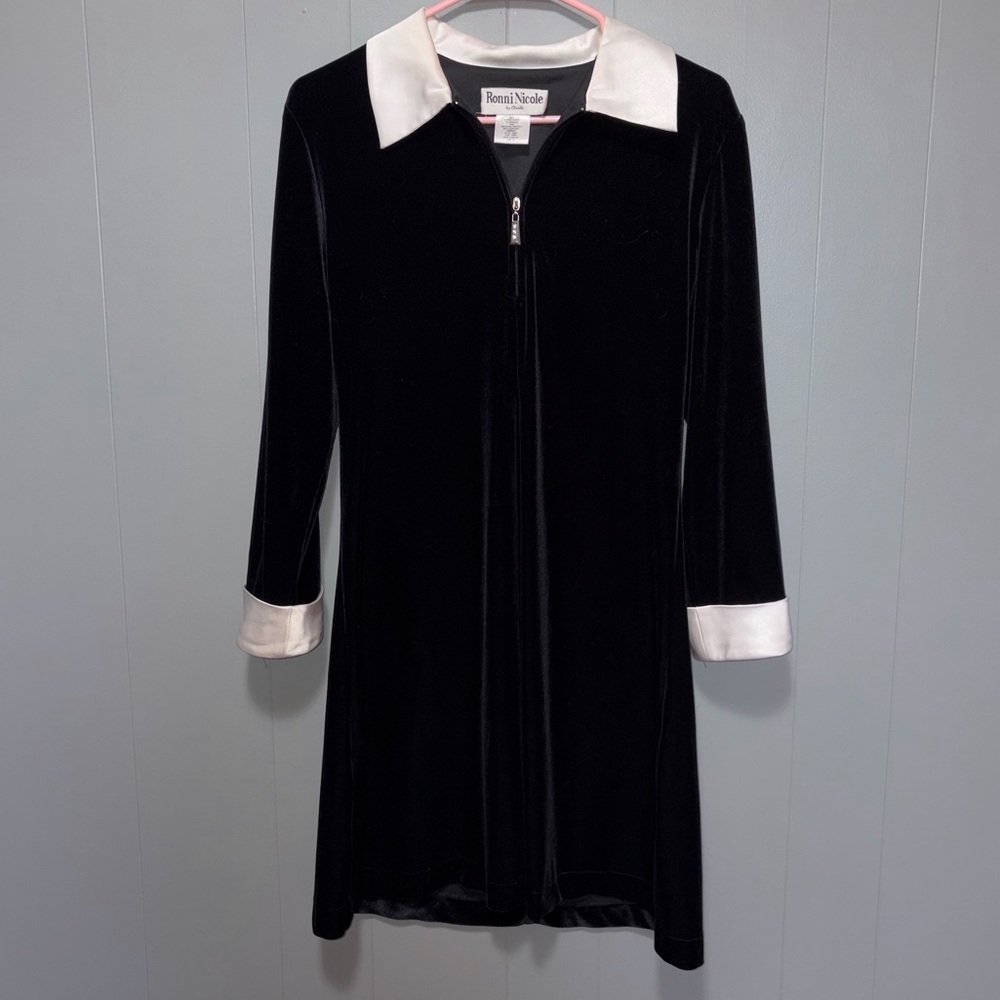 Vintage Ronni Nicole Black Velvet White Satin Trim Long Sleeve Short Dress 12